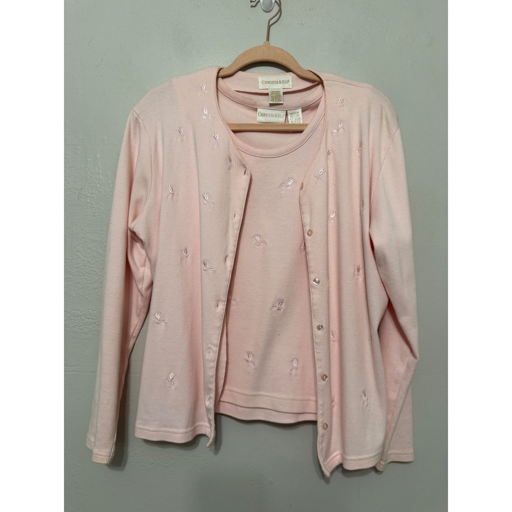 Christie & Jill Pink Cotton Embroidered Set Cardigan & Tank Top M Y2K Coquette